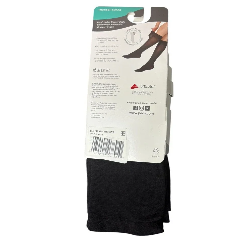 Peds Ladies Trouser Socks 6 Pair Shoe Size 5-10 Solid Pattern Non Binding Black